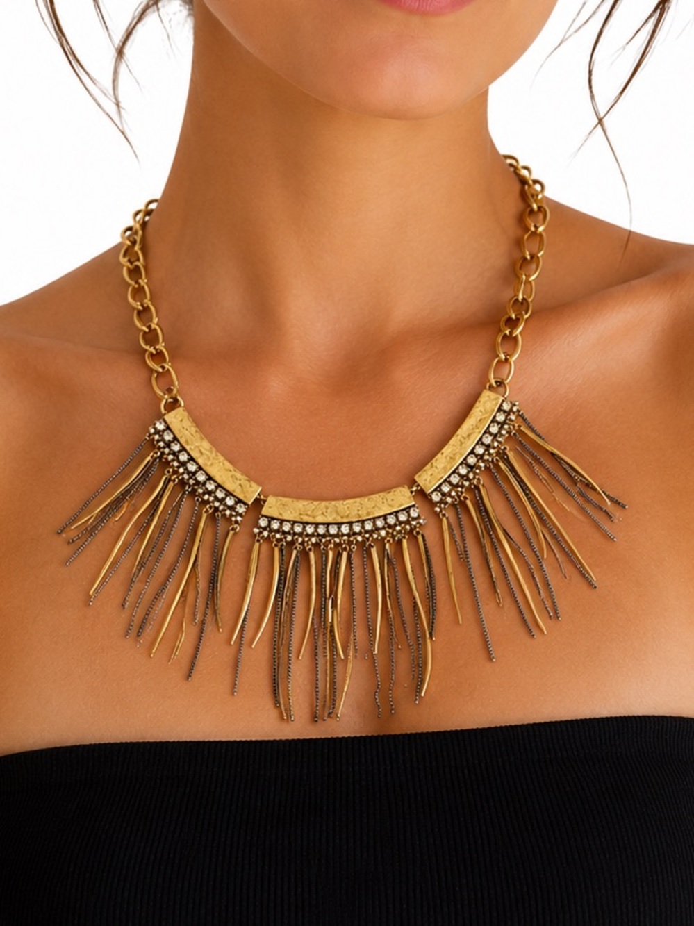 NEW - Sam Edelman Calla Fringe Bib Gold & Rhinestone Statement Necklace 16”- 18”